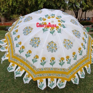 Grand Parasol De Jardin Indien Motif Floral – Rose Bébé, Coton, 1,8 M, Avec Housse Et Plateforme