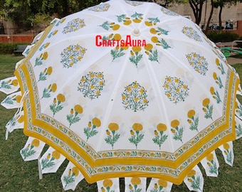 Hand Block Printed Cotton Umbrella: Bohemian Patio Garden Parasol