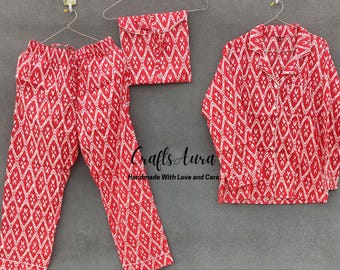 Red Cotton Pajama Set: Indian Hand Block Print Women's Nightwear