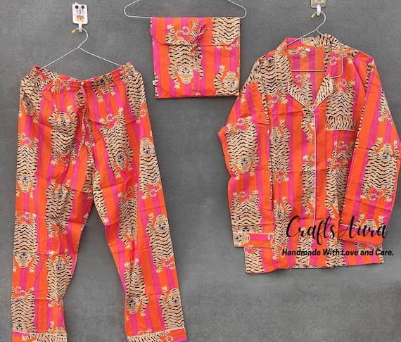 Handmade Cotton Pajama Set: Orange Tiger Print, Indian Nightwear
