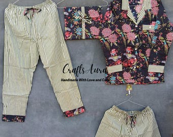 Conjunto de pijama de algodón con estampado floral: pijama con estampado indio y bolsa.