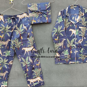Blue Color Night Pj Set, 100% Cotton Pajama Set, Indian Handmade Cotton Night Dress, Summer Pajama And Shirt With Bag Set