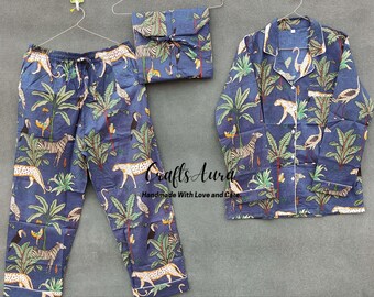Blue Cotton Pajama Set: Handmade Indian Night Dress with Bag