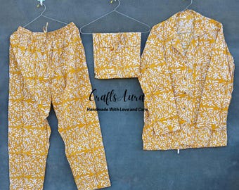 Yellow Floral Cotton Pajama Set: Indian Block Printed Night Suit, Floral print