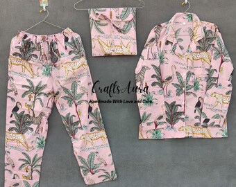Handmade Cotton Pajama Set: Pink Jungle Print Nightwear