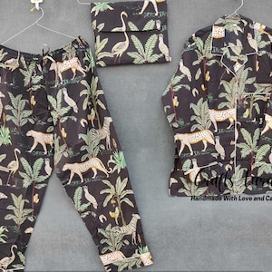 Handmade Cotton Pajama Set: Black Jungle Print PJs with Bag