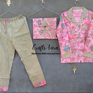 Indian Cotton Pajama Set, Indian Handmade Women Night Suit, Cotton Night Pajama Set, Floral Printed,
