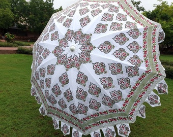 Handblock Indian Cotton Garden Umbrella SunShade/White Umbrella, 72'' Diameters Large Umbrella Home Garden Decor Parasol Beach/Pool Parasols