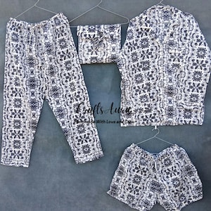 Indian Cotton Pajama Set, Handmade Women Night Dress, Floral Print Cotton Night Pajama Set, Pajama Shirt And Short With Bag Set
