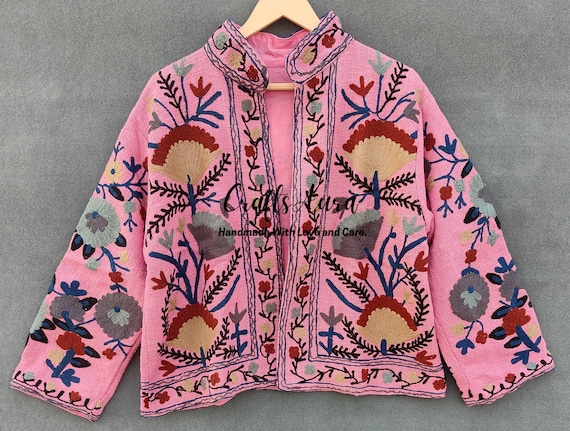 Cotton TNT Jacket Suzani Embroidered Jacket Boho Indian Coat Pink Color