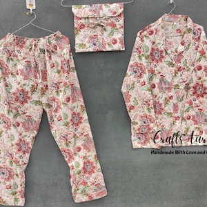 White Floral Light weight Pajama Set Indian Soft Cotton Pj Set Summer Nightwear Hand Block Print Pjs Bridesmaid Pajamas Bridal Party Pjs