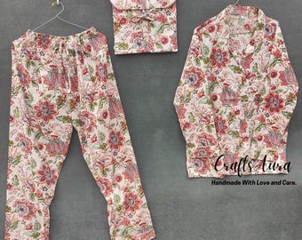 Hand Block Print Cotton Pajama Set: White Floral Summer PJs