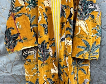 Yellow Jungle Velvet Kimono Robe, Hand Block-Printed Cotton Robes , Dressing Gown Long Coat