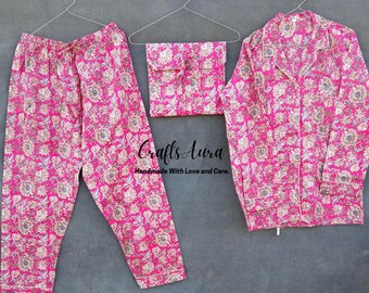 Floral Cotton Pajama Set: Handmade Indian Night Dress summer suit