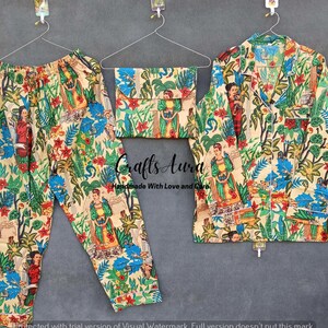 Farida Kahlo Print Cotton Pajama Set, Indian Handmade Women Night Dress, Soft Cotton Night Pajama Set