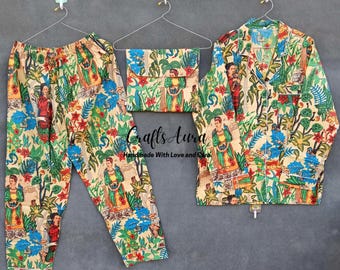 Farida Kahlo Print Cotton Pajama Set: Handmade Indian Night Dress
