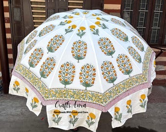 Hand Block Print Cotton Garden Umbrella: Indian Parasol Large Parasol