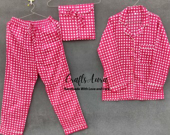 Pink Check Pajama Set: Handmade Cotton Women's Nightwear