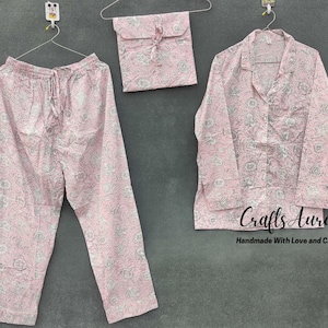 Rosa Farbe Pyjama Set, indische Baumwolle Frauen Nacht Pyjama Set, Floral bedruckte Baumwolle Soft Kleid, Hose und Shirt mit Tasche Set Geschenk für sie