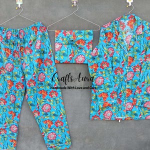 Women Night Pajama Set, Indian Cotton Pajama Set, Floral Print Handmade Summer Night Dress, Pajama And Shirt With Bag