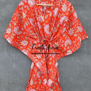 オレンジ色のインドの花柄プリントカフタンコットンカフタンドレスロングカフタンレディースドレスビーチウェアドレス花嫁介添人へのギフトドレス