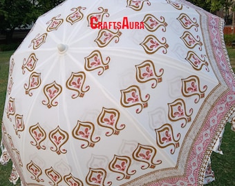 Pink Hand Block Printed Cotton Umbrella: Bohemian Patio Garden Parasol