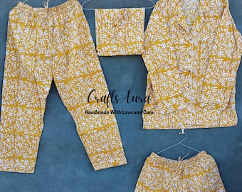 Yellow Cotton Pajama Set: Hand Block Printed Women's Night Dress, pj set