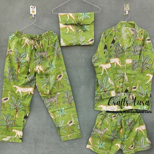Ensemble pyjama indien en coton, chemise de nuit indienne pour femme faite main, couleur vert jungle, pyjama en coton, pyjama, chemise et short avec sac