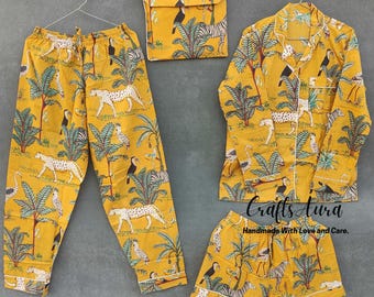 Indian Cotton Pajama Set: Yellow Floral Block Print Nightwear