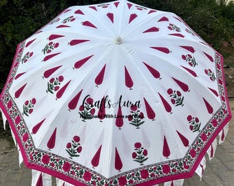 Hand Block Print Cotton Umbrella: 72" Indian Parasol Pink Umbrella