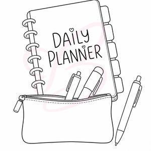May include: A black and white line art illustration of a disc-bound daily planner with the text DAILY PLANNER on the cover, featuring a zippered pencil case containing two pens, and an additional pen positioned to the right of the case.
