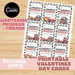 Carros para impressão Valentines, cartões de dia dos namorados editáveis, pacote de dia dos namorados para impressão com Lightning McQueen Download instantâneo Valentines