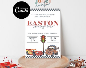 Custom Birthday Card, Pixar Cars Birthday, Lightening McQueen Car, Mater Tow Truck, Canva Template, Boys Birthday Invitation, Speed On Over