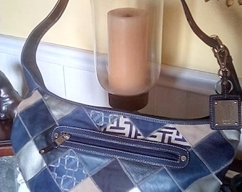 Tignanello blue leather and cloth patchwork hobo purse