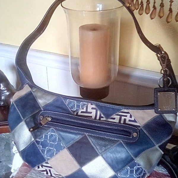 Tignanello blue leather and cloth patchwork hobo purse