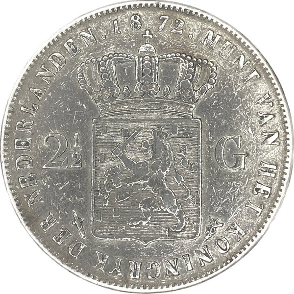 Silver 2.5 Guilders Gulden Coin, Netherlands, 1872