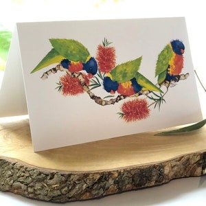 Cartão de felicitações em branco Australiana Watercolor Rainbow Lorikeets para aniversários, obrigado ou aquela ocasião especial