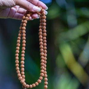 Puede incluir: Un collar de cuentas mala de madera marrón con un borla roja. El collar está hecho de cuentas redondas y está enhebrado en un cordón delgado.