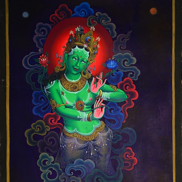 Green Tara Thangka Painting - Newari Style Paubha Painting - Very Beautiful one Pcs Thangka from Nepal