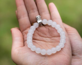 Bracelets ronds en jade blanc | Bracelet de perles extensible fait main | Bracelet spirituel équilibrant les chakras