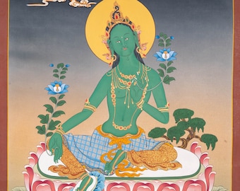 Thangka de Tara Verde pintado a mano / Thangka Arts - La mejor calidad de Nepal / Pintura Thangka para meditación y sanación de chakras EN VENTA