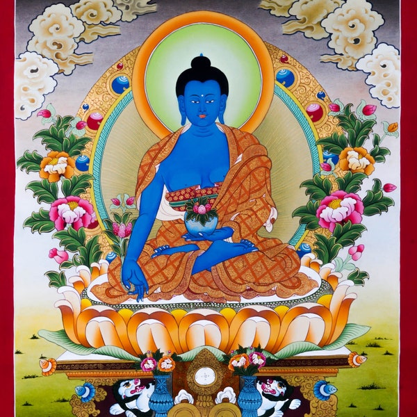 Medicine Buddha Thangka Painting - Best handmade Tibetan Thangka art - Wall Decor Healing and spiritual practices