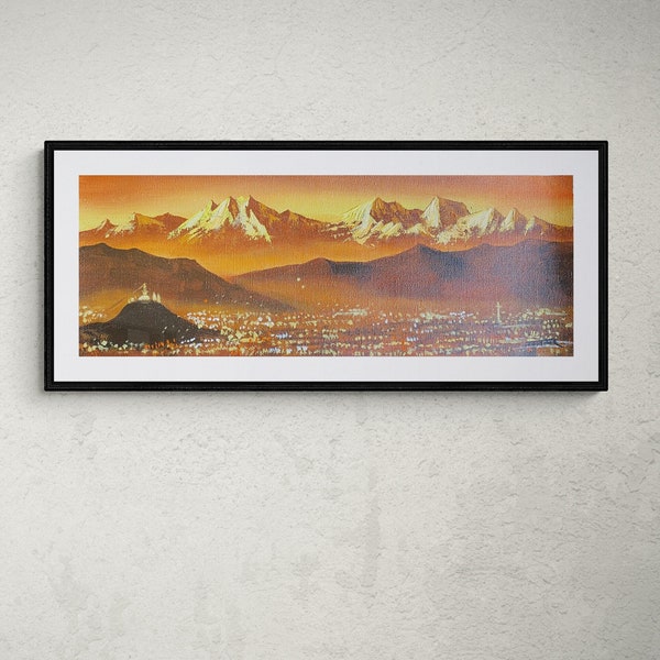 Original Oil Painting of Sunrise view of Himalayas | Handmade Kathmandu Valley Art with Himalayan Peaks for Aesthetic Decor - Wall hanging