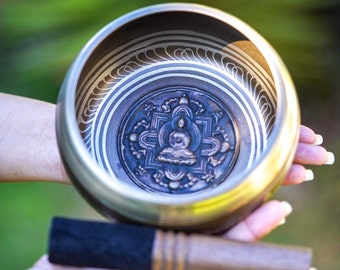 Buddha Mandala Carved Singing Bowl | Handcrafted Tibetan Sound Bowl for Meditation | Ideal for Yoga, Mindfulness, and Spiritual WellnessSALE