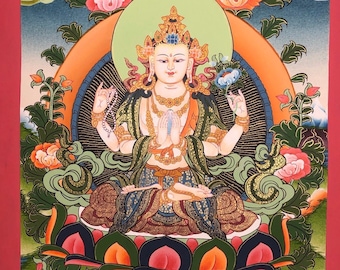 Tibetan 4 armed Chenrezig Thangka Painting | Meditation Wall Art | Sacred Buddhist Spiritual Art