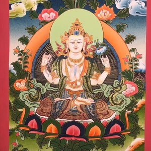 Tibetan 4 armed Chenrezig Thangka Painting | Meditation Wall Art | Sacred Buddhist Spiritual Art
