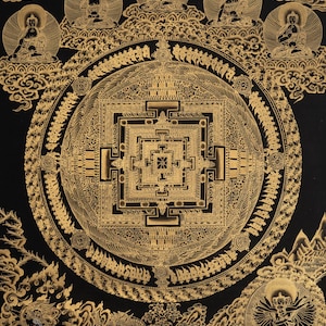 Golden Kalachakra Mandala Thangka | Hand-Painted Tibetan Buddhist Art | Spiritual, Meditation & Yoga Decor | Himalayan Thangka Artwork