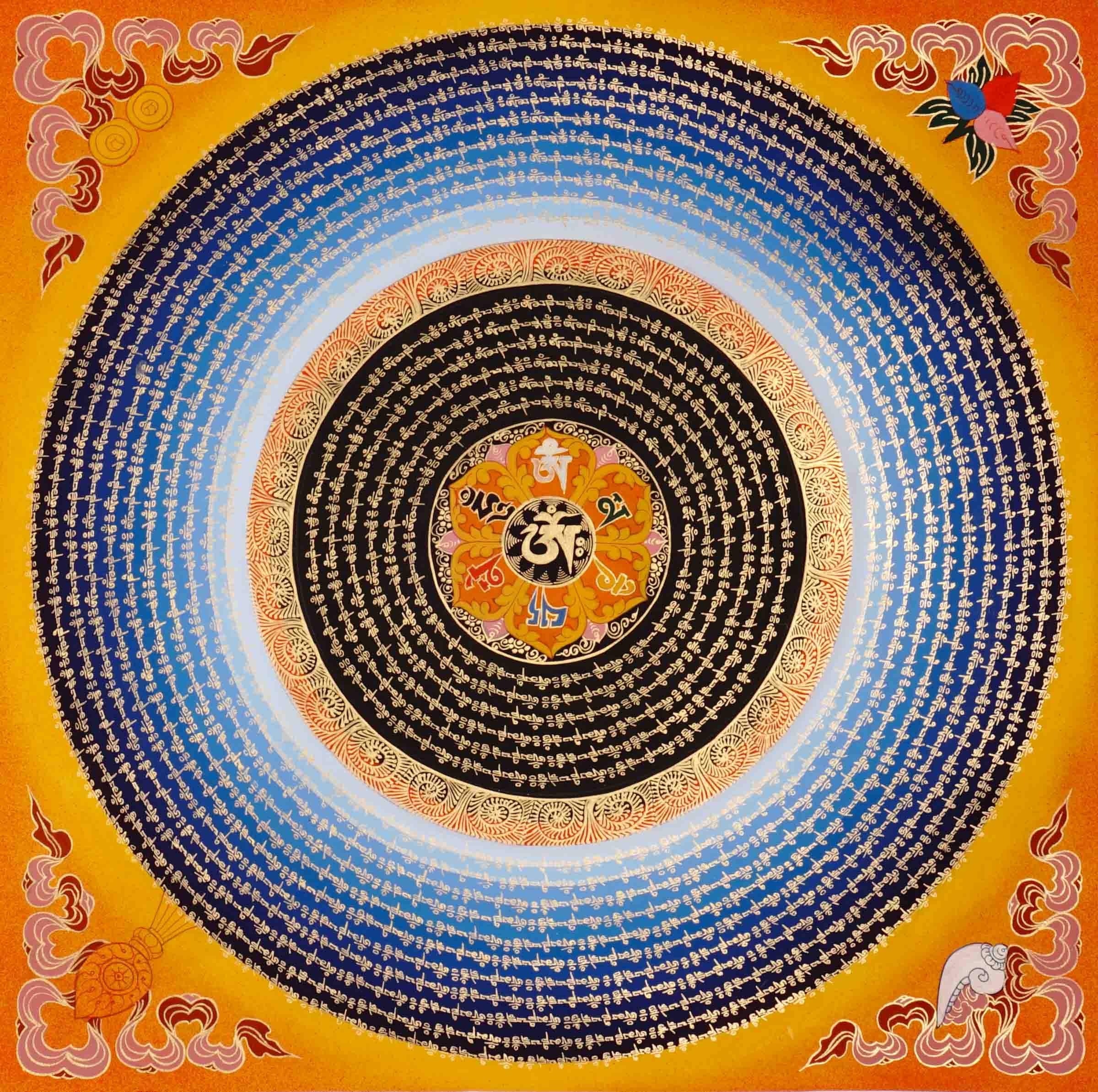 黄金のオム・マニ・パドメ・フム・マンダラ・タンカ – 輝くチベットの