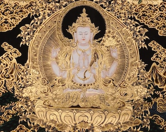 Chenrezig Thangka Painting | Tibetan Avalokiteshvara Buddhist Art | Bodhisattva of Compassion | Himalayan Meditation Wall Decor