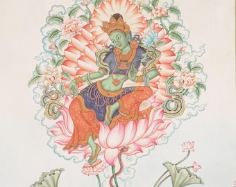 グリーンターラタンカ画 | ネワール様式の芸術 | 手描きの仏教女神